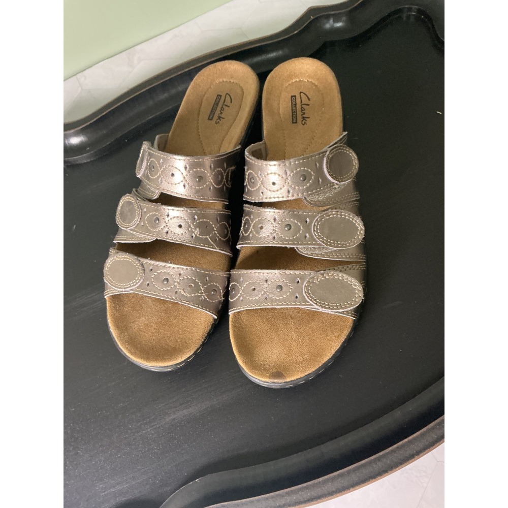 Clarks Collection Metallic Bronze Pewter Adjustable Triple Strap Slide Sandals